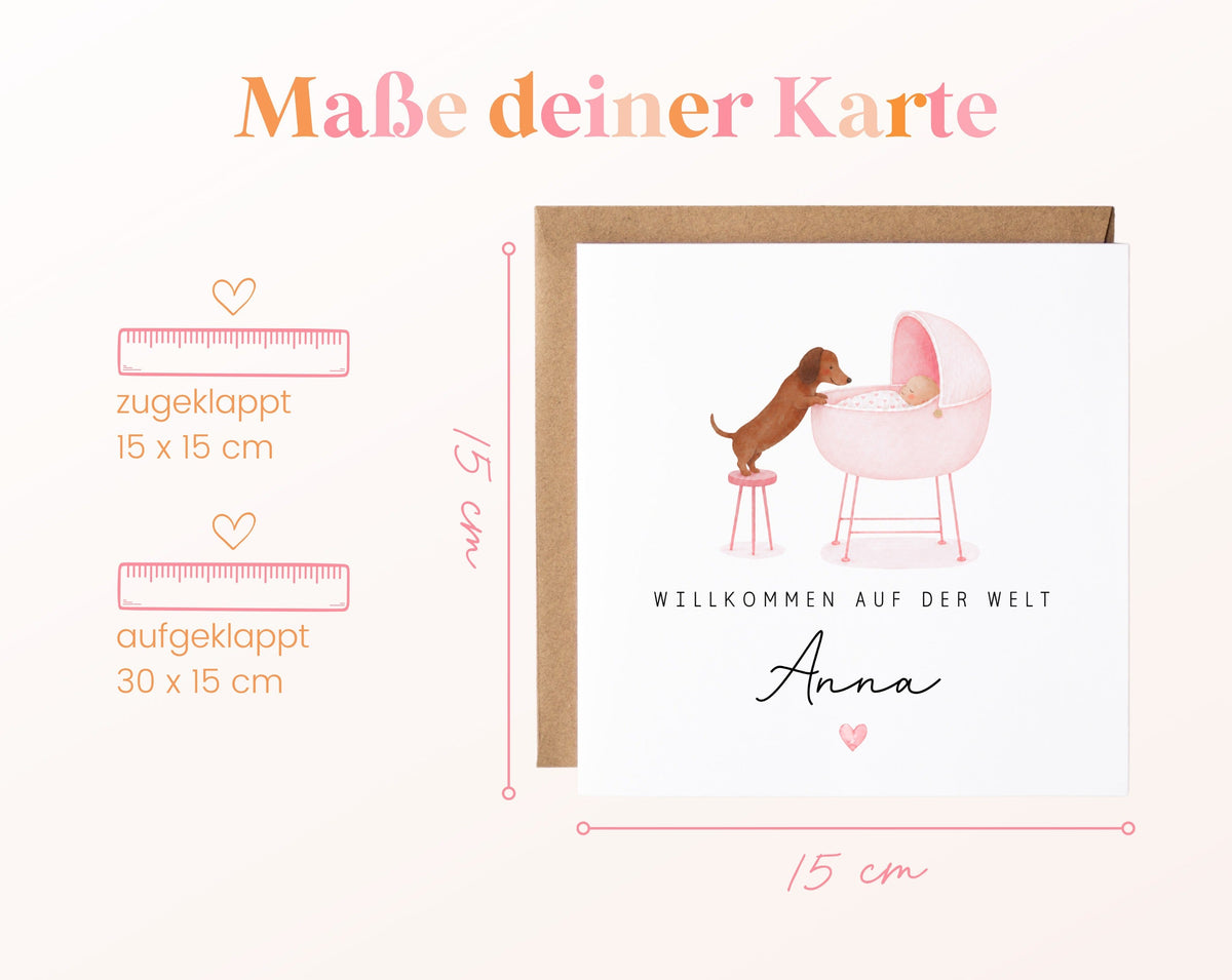 Geburtskarte Dackel am Babywagen – Rosa – 04 masse
