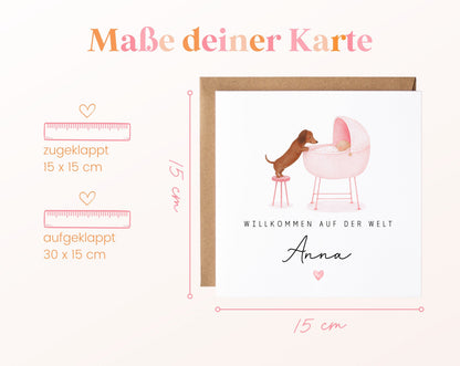 Geburtskarte Dackel am Babywagen – Rosa – 04 masse