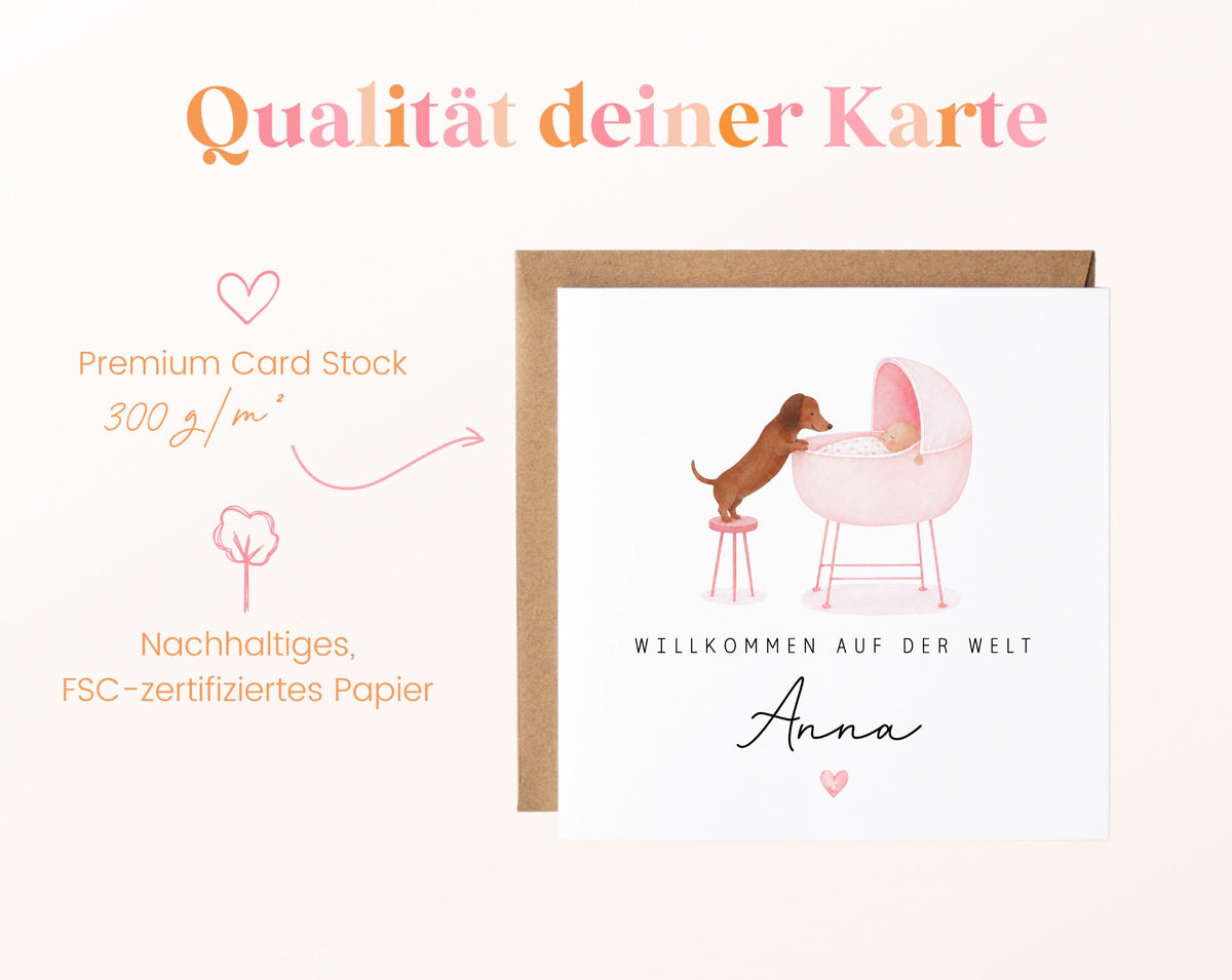 Geburtskarte Dackel am Babywagen – Rosa – 05B qualitaet 300