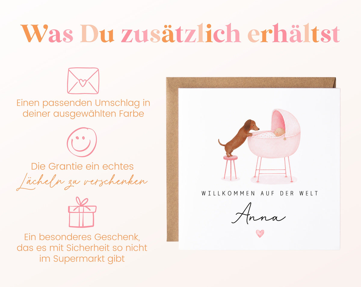 Geburtskarte Dackel am Babywagen – Rosa – 06 zusaetzlich