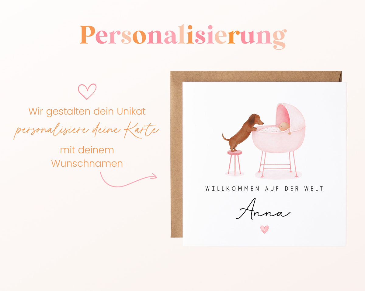 Geburtskarte Dackel am Babywagen – Rosa – 08 perso ein wunschname