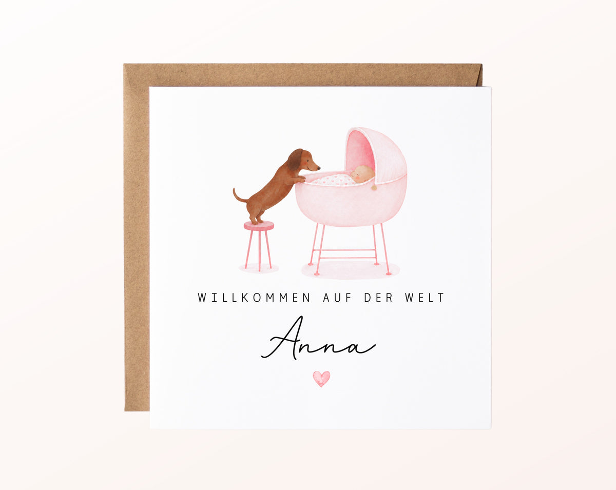 Geburtskarte Dackel am Babywagen – Rosa – FabSiShop Mockup