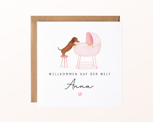 Geburtskarte Dackel am Babywagen – Rosa – FabSiShop Mockup