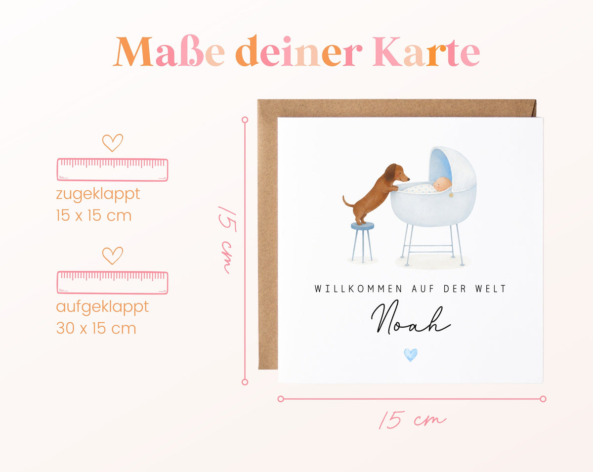 Geburtskarte Dackel am Babywagen – Hellblau – 04 masse