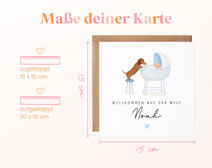 Geburtskarte Dackel am Babywagen – Hellblau – 04 masse