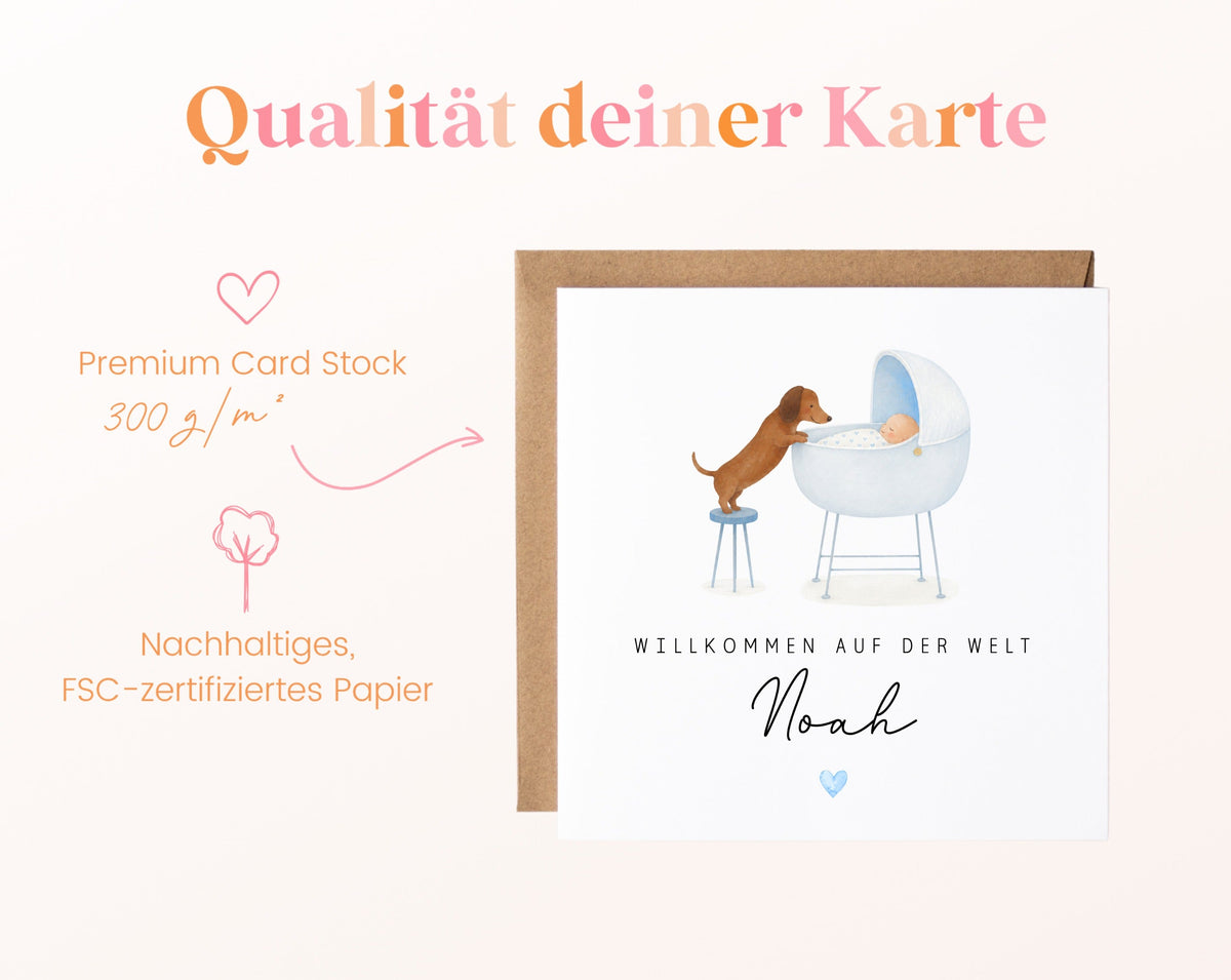 Geburtskarte Dackel am Babywagen – Hellblau – 05B qualitaet 300