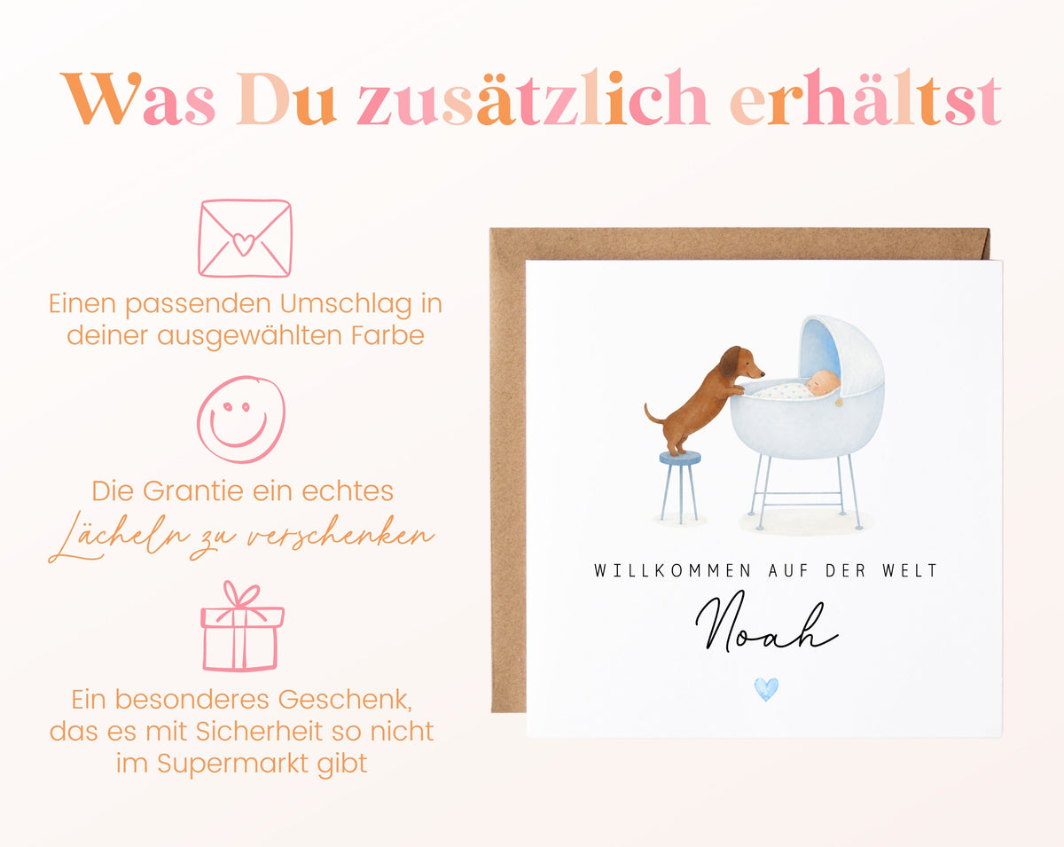 Geburtskarte Dackel am Babywagen – Hellblau – 06 zusaetzlich