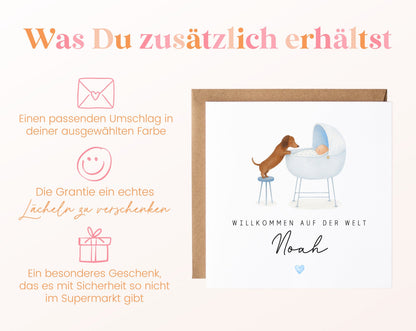 Geburtskarte Dackel am Babywagen – Hellblau – 06 zusaetzlich