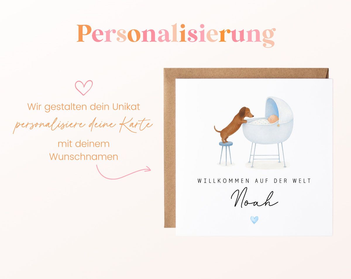 Geburtskarte Dackel am Babywagen – Hellblau – 08 perso ein wunschname