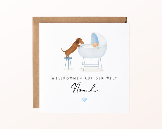 Geburtskarte Dackel am Babywagen – Hellblau – FabSiShop Mockup