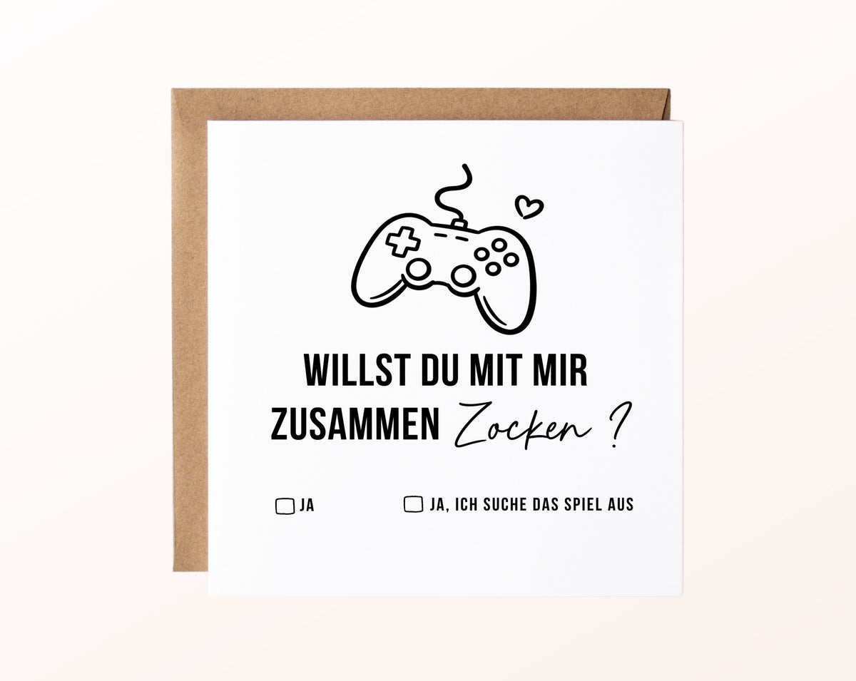 Gutscheinkarte „Gemeinsam zocken“ mit Controller und Kraftpapierumschlag