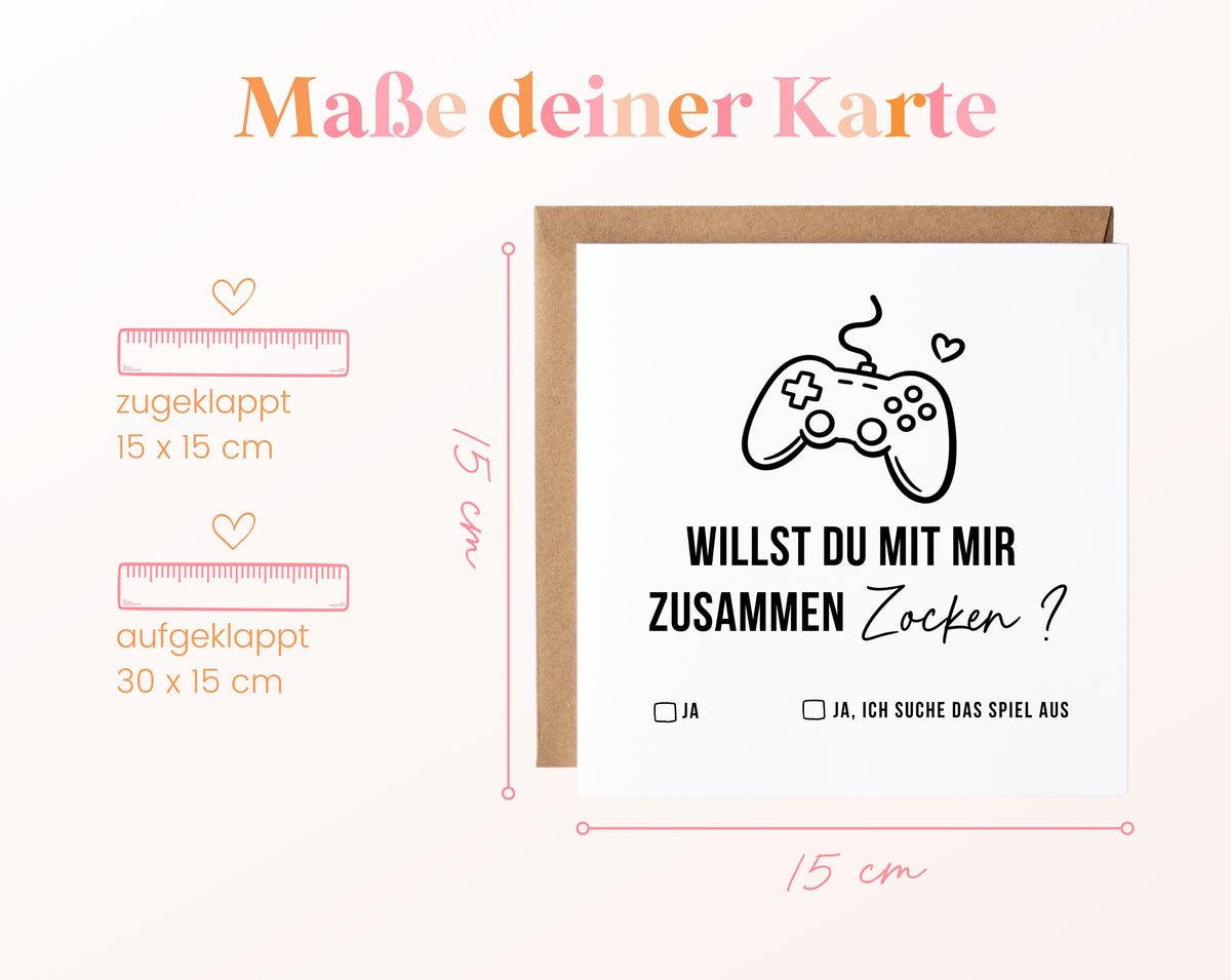 Gutscheinkarte „Gemeinsam zocken“: 15 x 15 cm geschlossen, 30 x 15 cm aufgeklappt