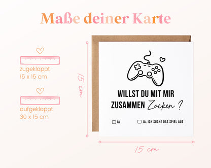 Gutscheinkarte „Gemeinsam zocken“: 15 x 15 cm geschlossen, 30 x 15 cm aufgeklappt