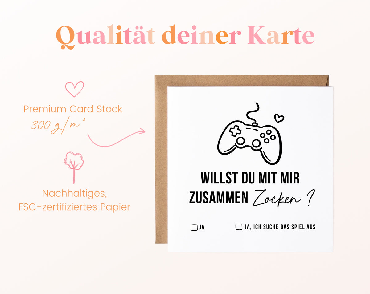 Gutscheinkarte „Gemeinsam zocken“ aus 300 g/m² FSC-zertifiziertem Papier