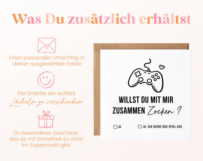 Gutscheinkarte „Gemeinsam zocken“ inklusive Umschlag in der gewählten Farbe
