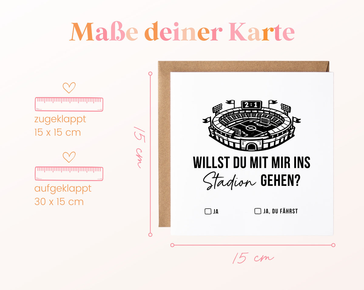 Gutscheinkarte „Ins Stadion gehen“: 15 x 15 cm geschlossen, 30 x 15 cm aufgeklappt