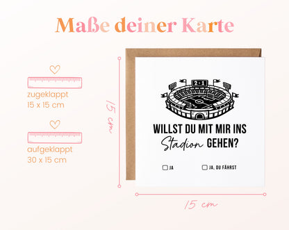 Gutscheinkarte „Ins Stadion gehen“: 15 x 15 cm geschlossen, 30 x 15 cm aufgeklappt