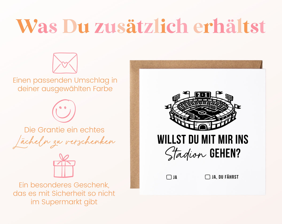 Gutscheinkarte „Ins Stadion gehen“ inklusive Umschlag in der gewählten Farbe