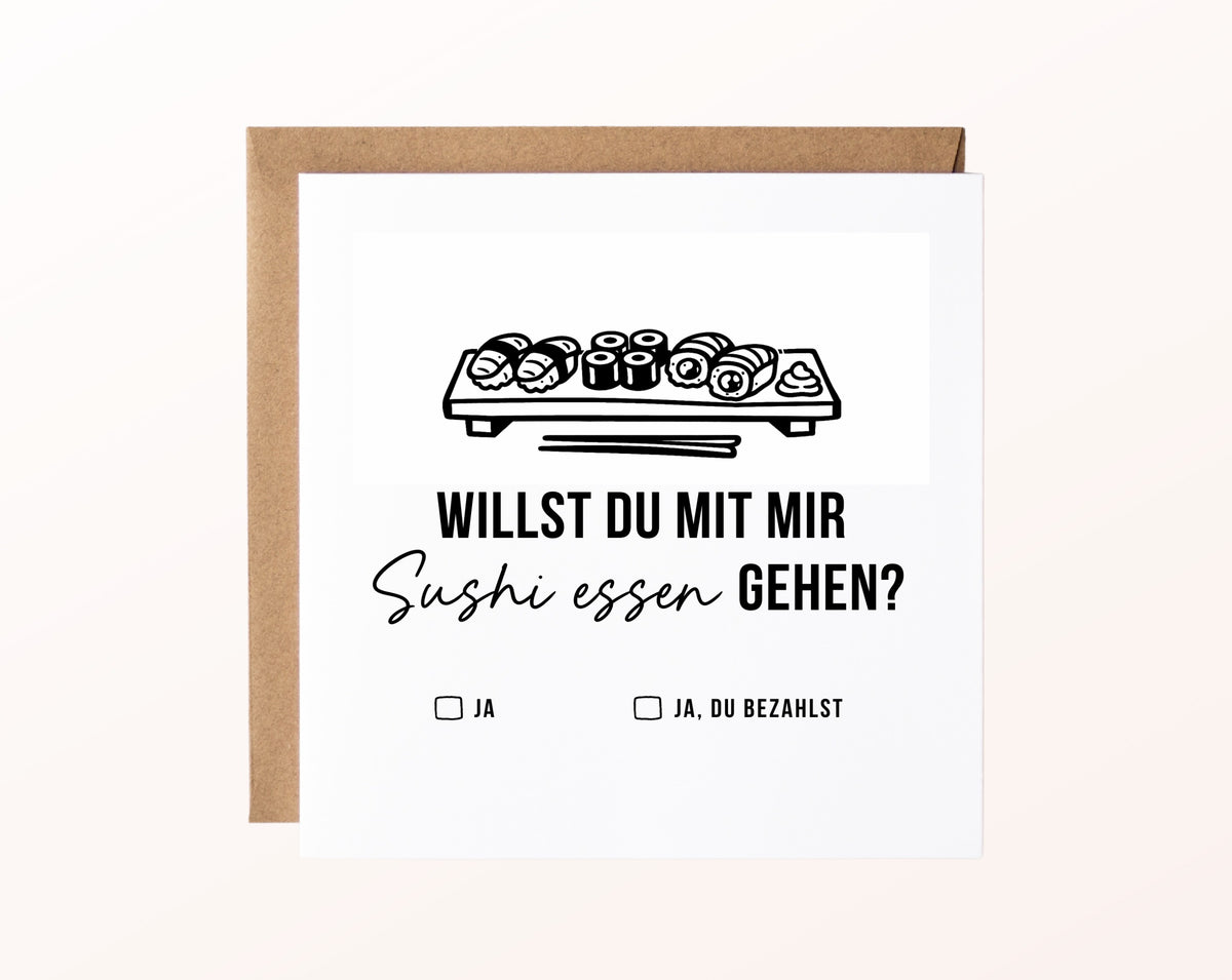 Gutscheinkarte „Sushi essen – Platte“ mit Sushi-Platte und Kraftpapierumschlag