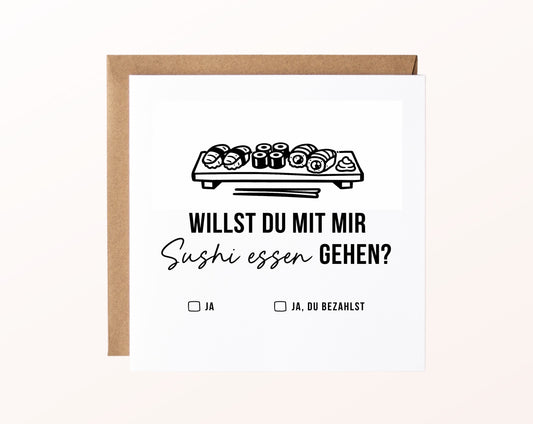 Gutscheinkarte „Sushi essen – Platte“ mit Sushi-Platte und Kraftpapierumschlag