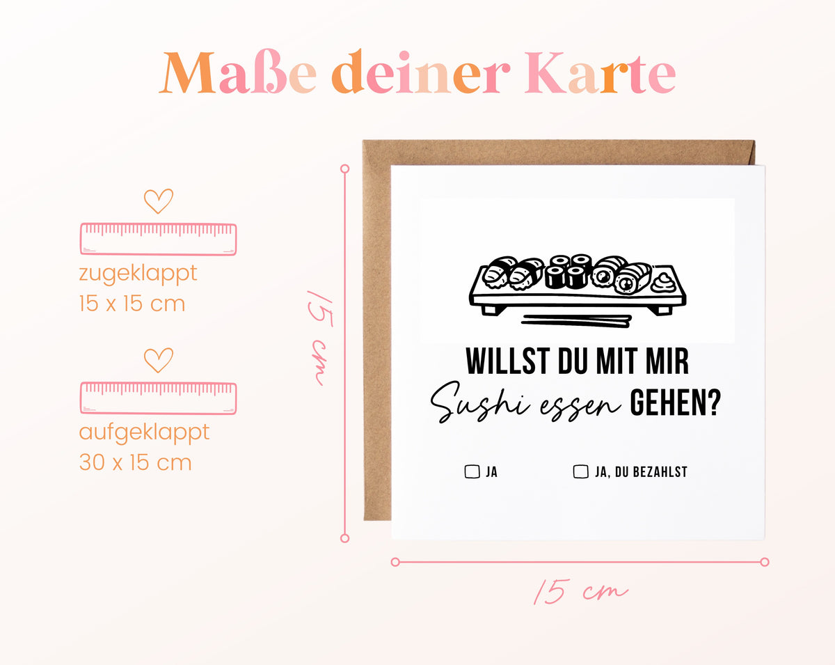 Gutscheinkarte „Sushi essen – Platte“: 15 x 15 cm geschlossen, 30 x 15 cm aufgeklappt