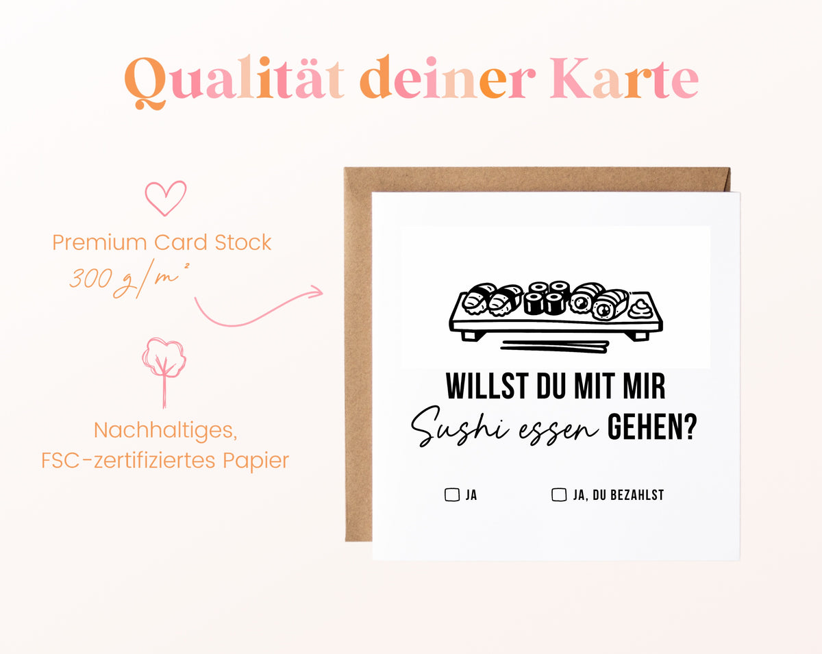 Gutscheinkarte „Sushi essen – Platte“ aus 300 g/m² FSC-zertifiziertem Papier