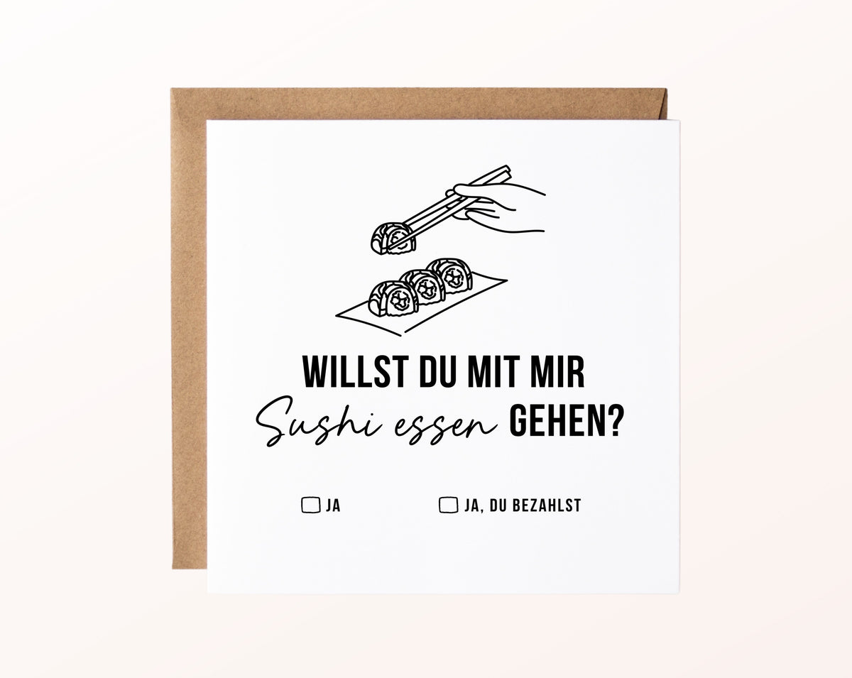 Gutscheinkarte „Sushi essen – Stäbchen“ mit Sushi und Stäbchen und Kraftpapierumschlag
