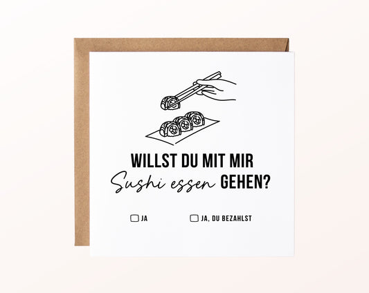 Gutscheinkarte „Sushi essen – Stäbchen“ mit Sushi und Stäbchen und Kraftpapierumschlag