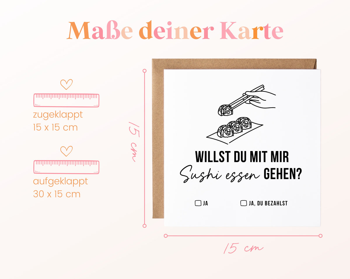 Gutscheinkarte „Sushi essen – Stäbchen“: 15 x 15 cm geschlossen, 30 x 15 cm aufgeklappt