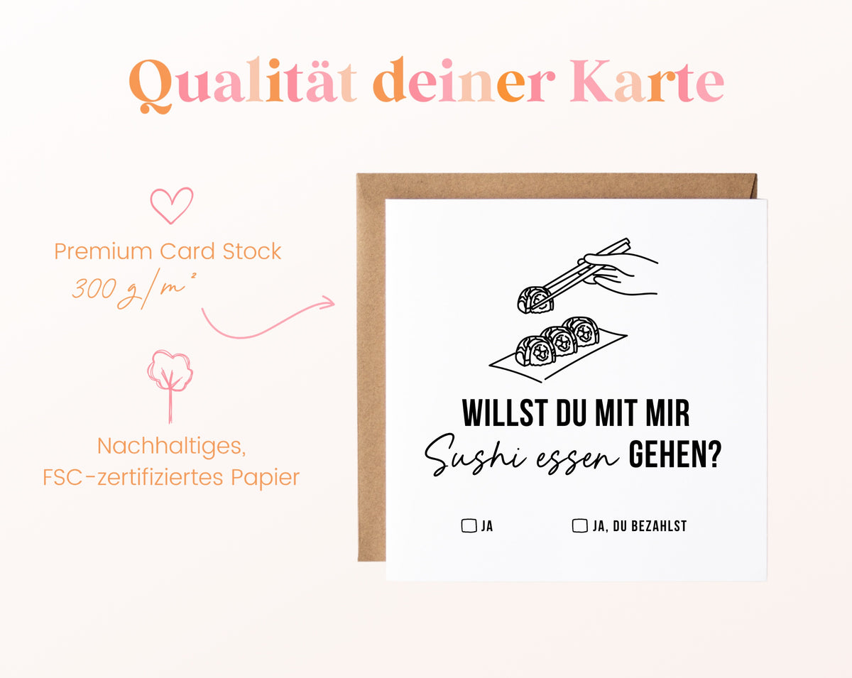 Gutscheinkarte „Sushi essen – Stäbchen“ aus 300 g/m² FSC-zertifiziertem Papier