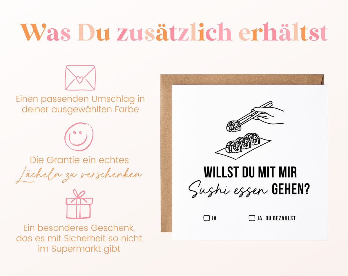 Gutscheinkarte „Sushi essen – Stäbchen“ inklusive Umschlag in der gewählten Farbe