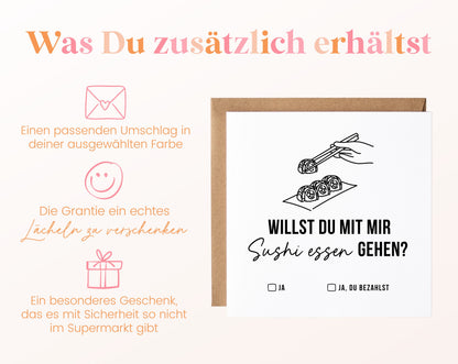 Gutscheinkarte „Sushi essen – Stäbchen“ inklusive Umschlag in der gewählten Farbe
