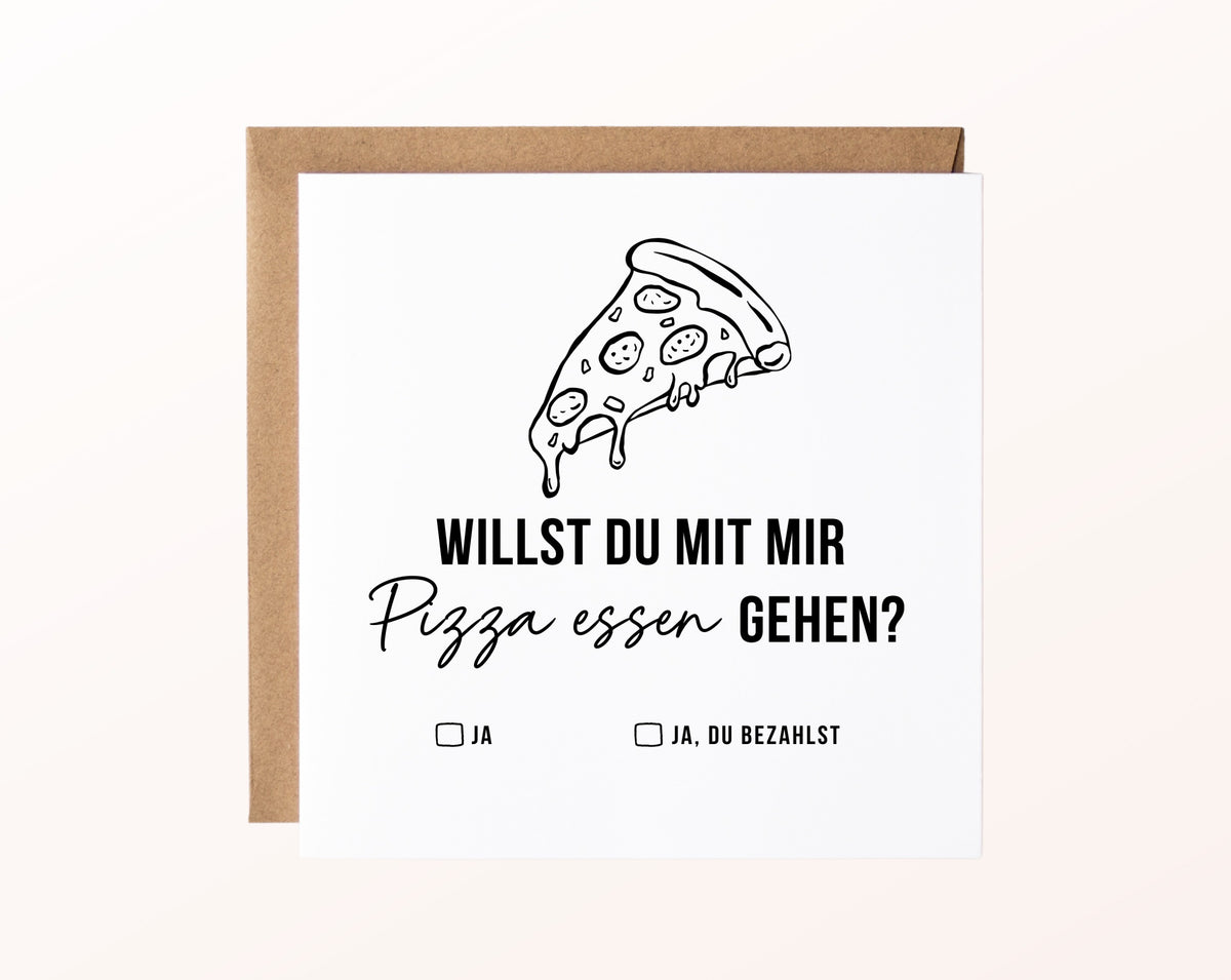Gutscheinkarte „Pizza essen“ mit Pizzastück und Kraftpapierumschlag