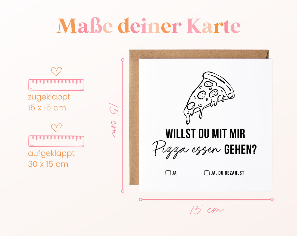 Gutscheinkarte „Pizza essen“: 15 x 15 cm geschlossen, 30 x 15 cm aufgeklappt