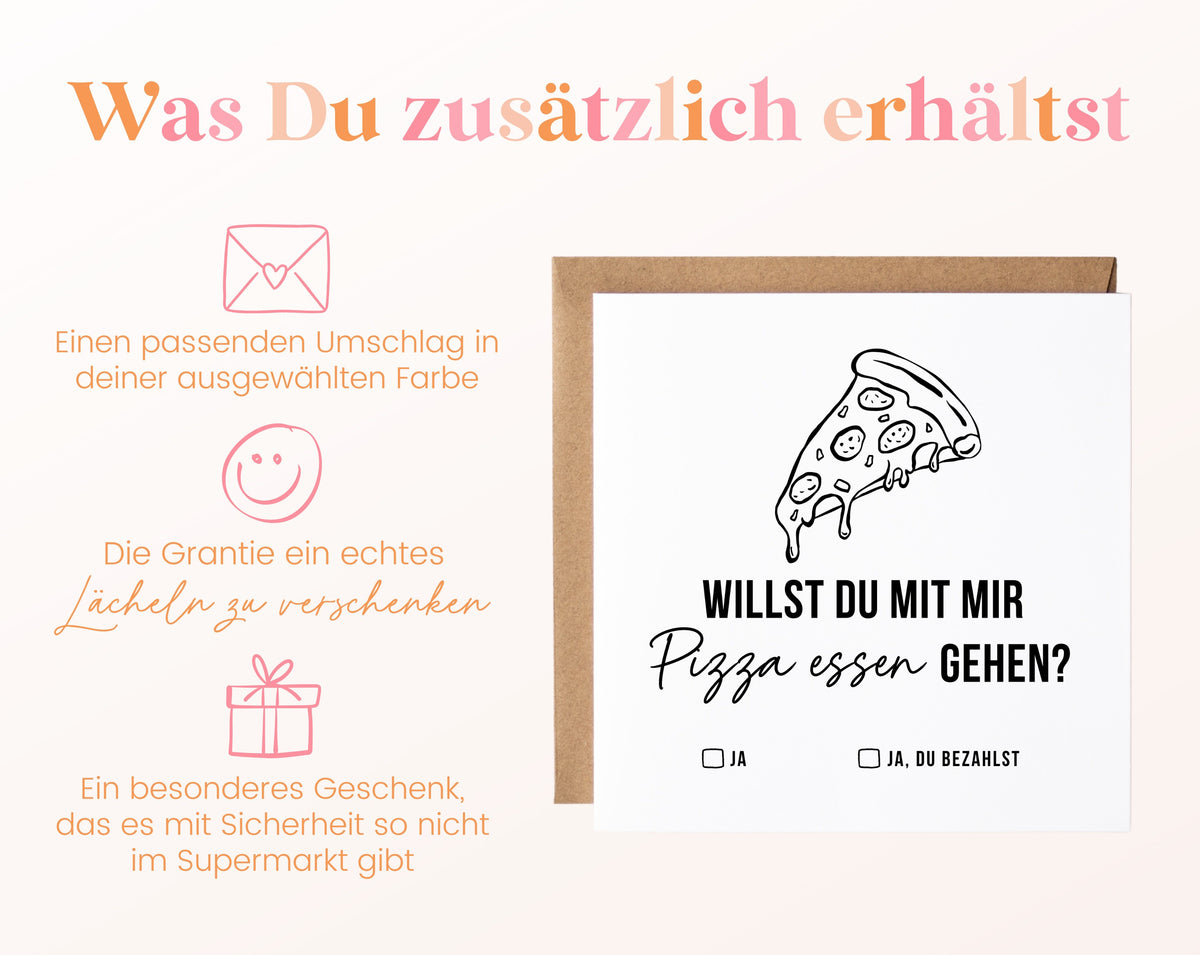 Gutscheinkarte „Pizza essen“ inklusive Umschlag in der gewählten Farbe