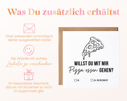 Gutscheinkarte „Pizza essen“ inklusive Umschlag in der gewählten Farbe