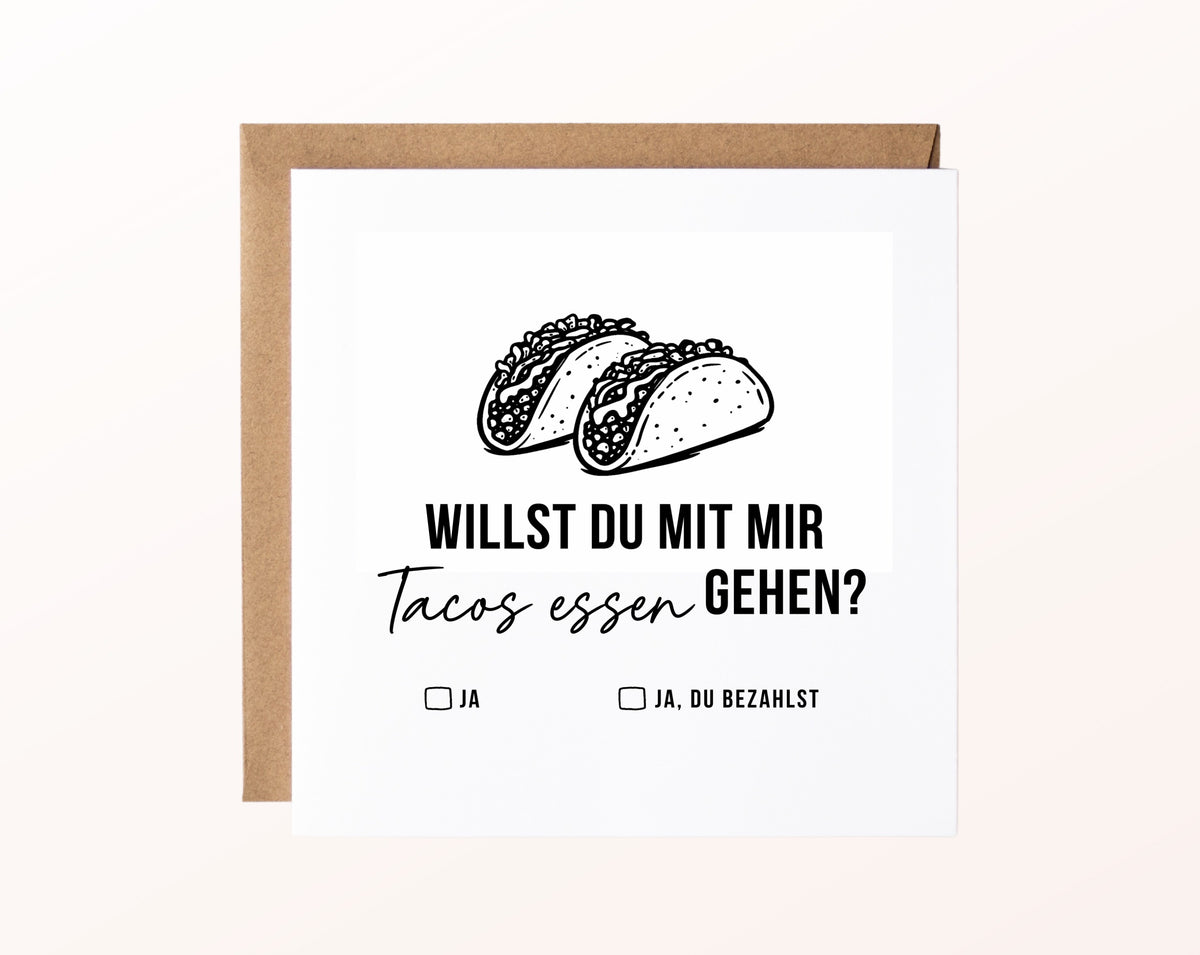 Gutscheinkarte „Tacos essen“ mit Tacos und Kraftpapierumschlag