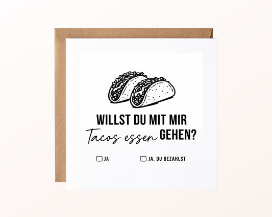 Gutscheinkarte „Tacos essen“ mit Tacos und Kraftpapierumschlag