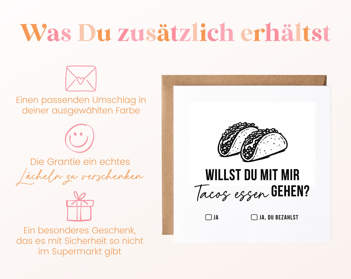 Gutscheinkarte „Tacos essen“ inklusive Umschlag in der gewählten Farbe