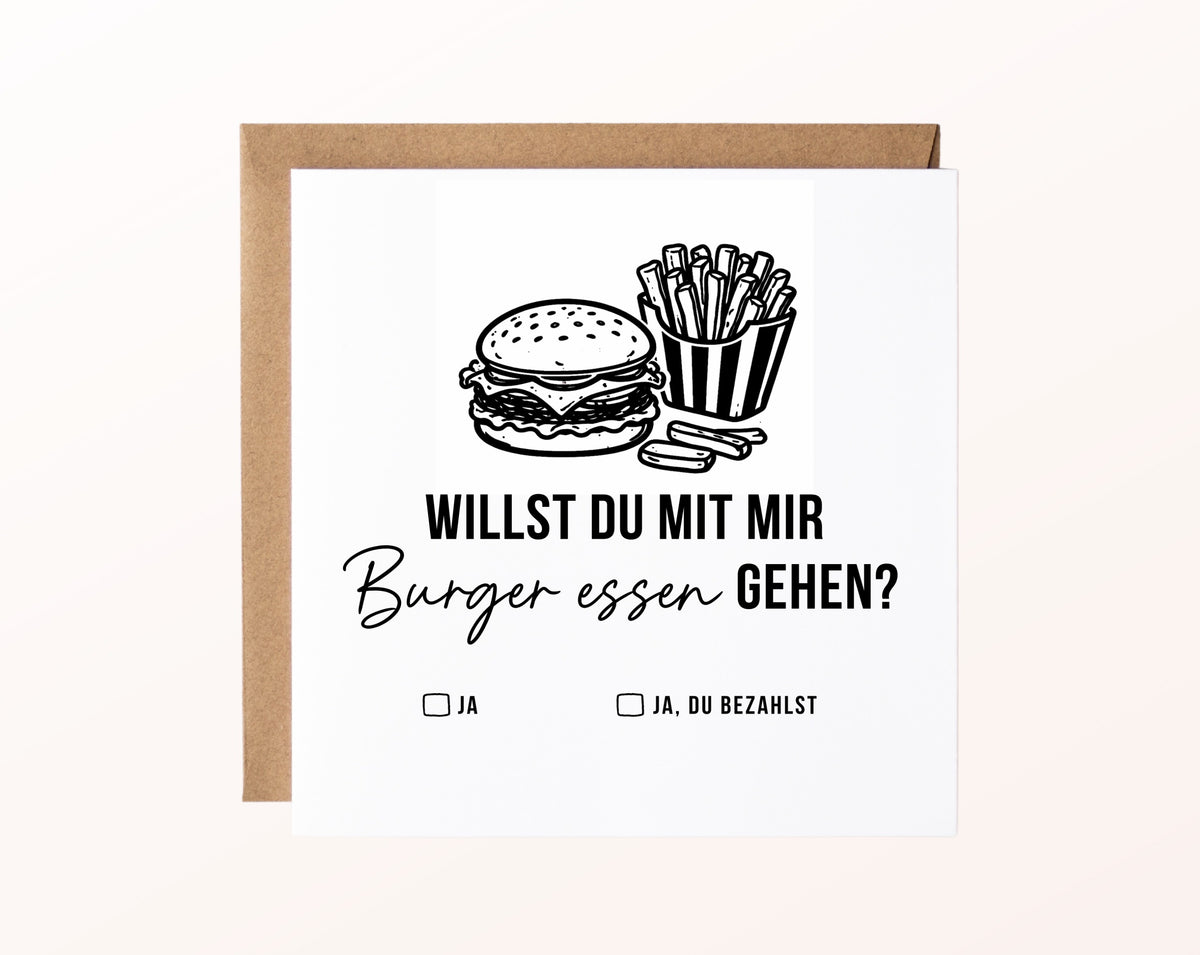 Gutscheinkarte „Burger essen“ mit Burger und Pommes und Kraftpapierumschlag