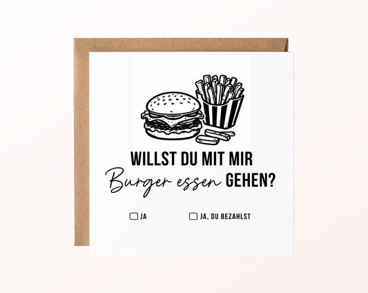 Gutscheinkarte „Burger essen“ mit Burger und Pommes und Kraftpapierumschlag