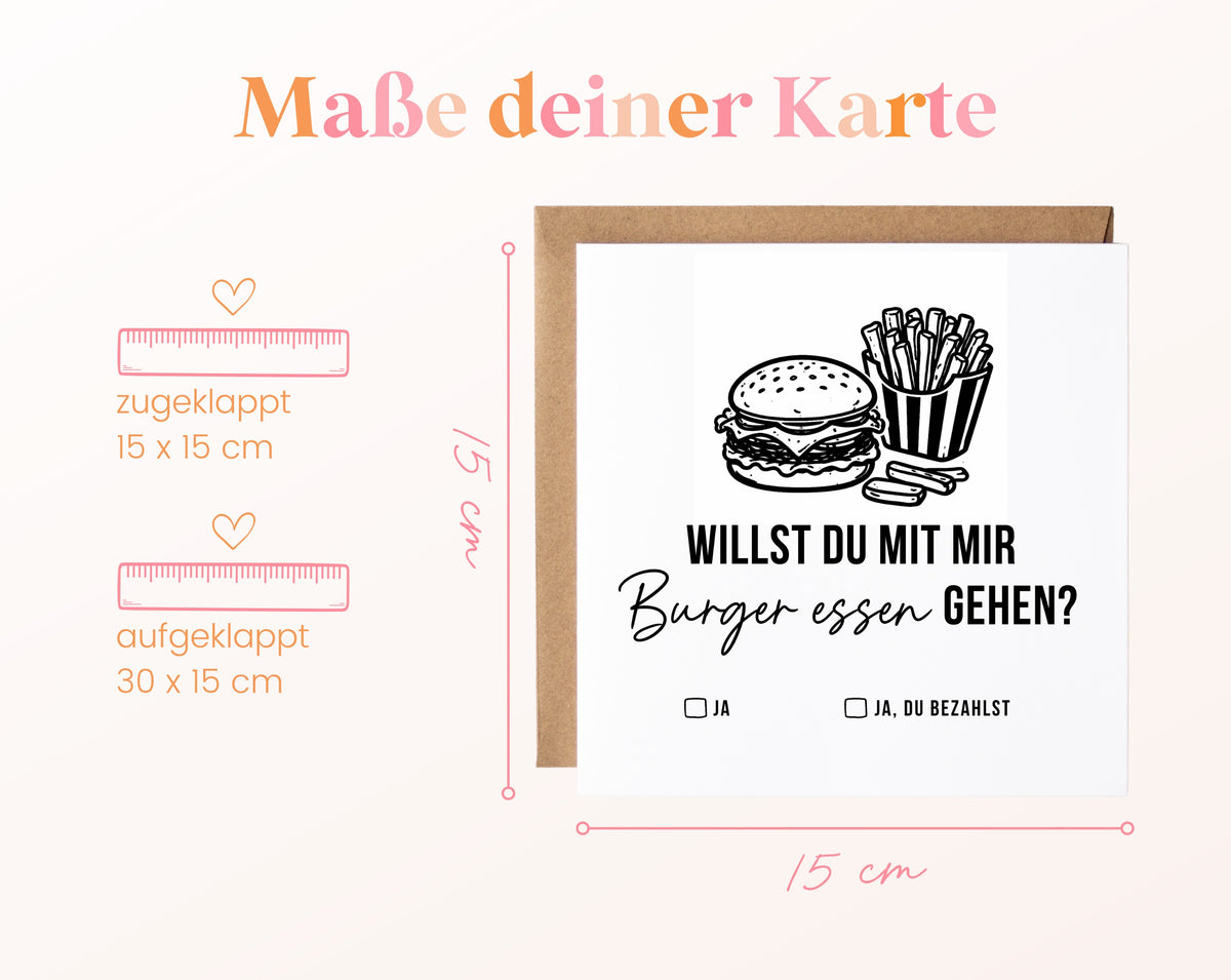 Gutscheinkarte „Burger essen“: 15 x 15 cm geschlossen, 30 x 15 cm aufgeklappt