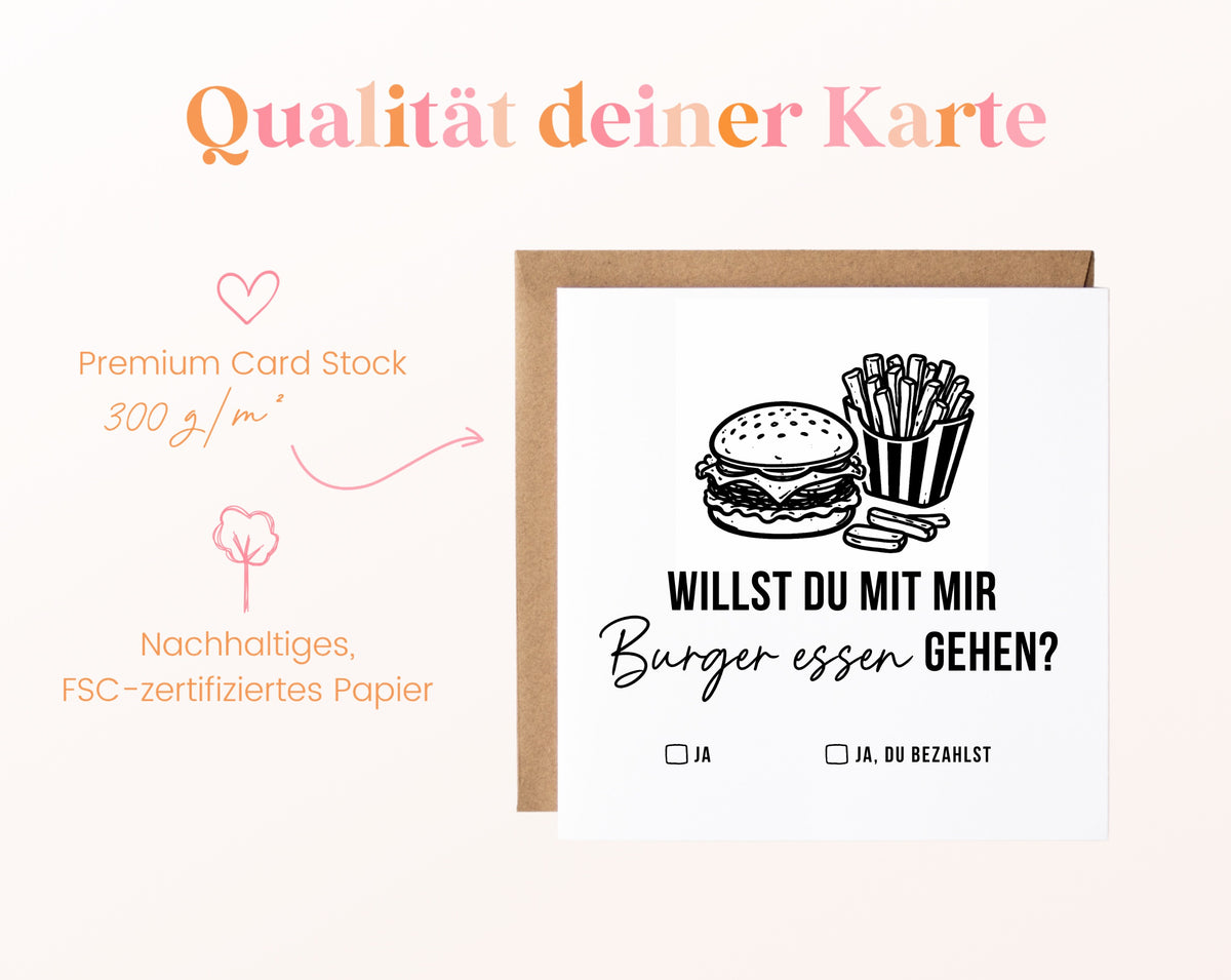 Gutscheinkarte „Burger essen“ aus 300 g/m² FSC-zertifiziertem Papier