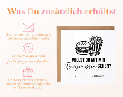 Gutscheinkarte „Burger essen“ inklusive Umschlag in der gewählten Farbe