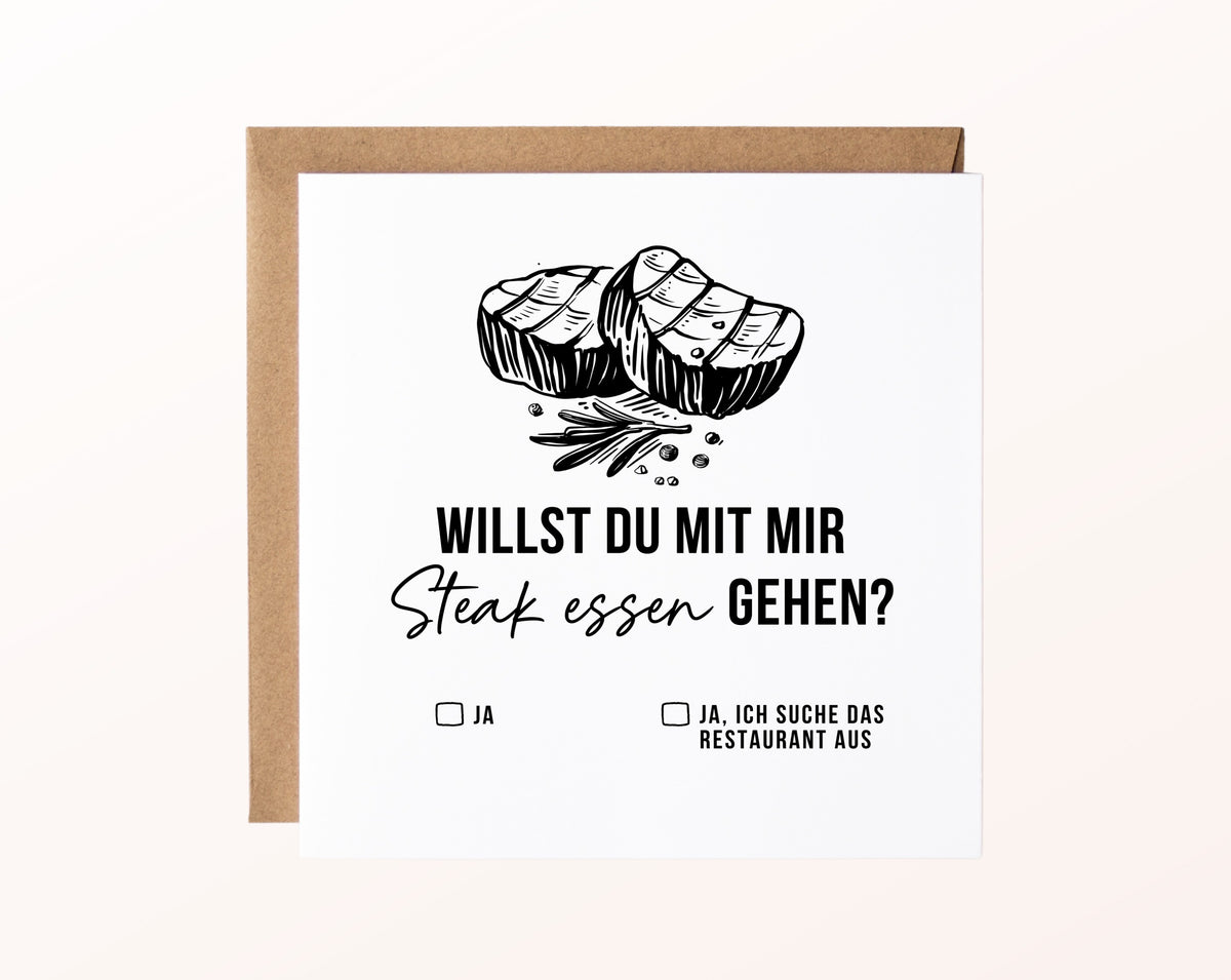 Gutscheinkarte „Steak essen“ mit Steak und Kraftpapierumschlag