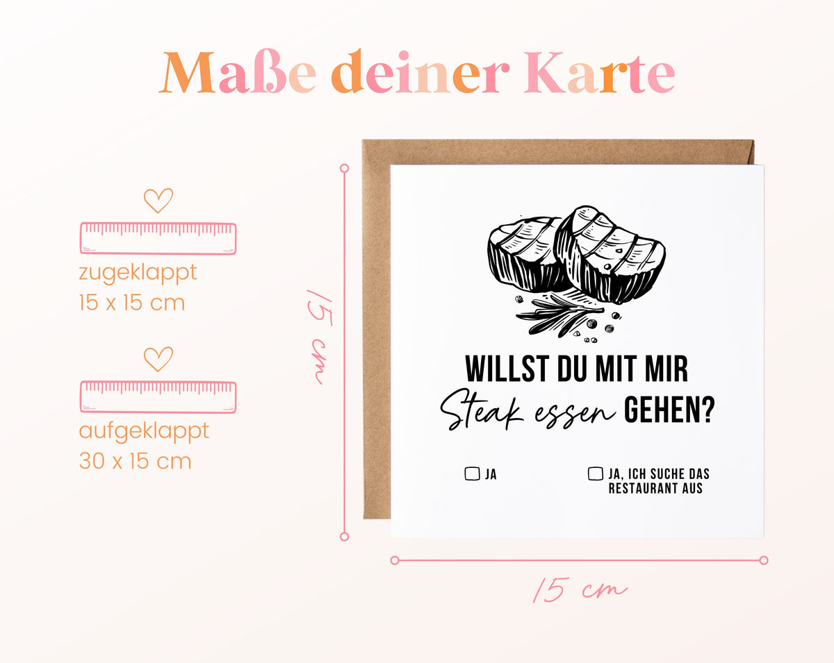 Gutscheinkarte „Steak essen“: 15 x 15 cm geschlossen, 30 x 15 cm aufgeklappt