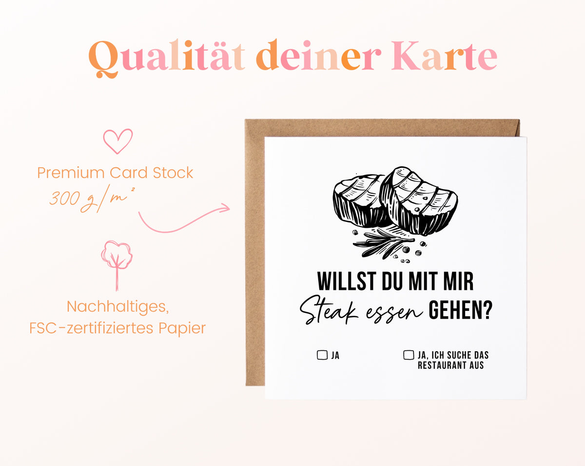 Gutscheinkarte „Steak essen“ aus 300 g/m² FSC-zertifiziertem Papier