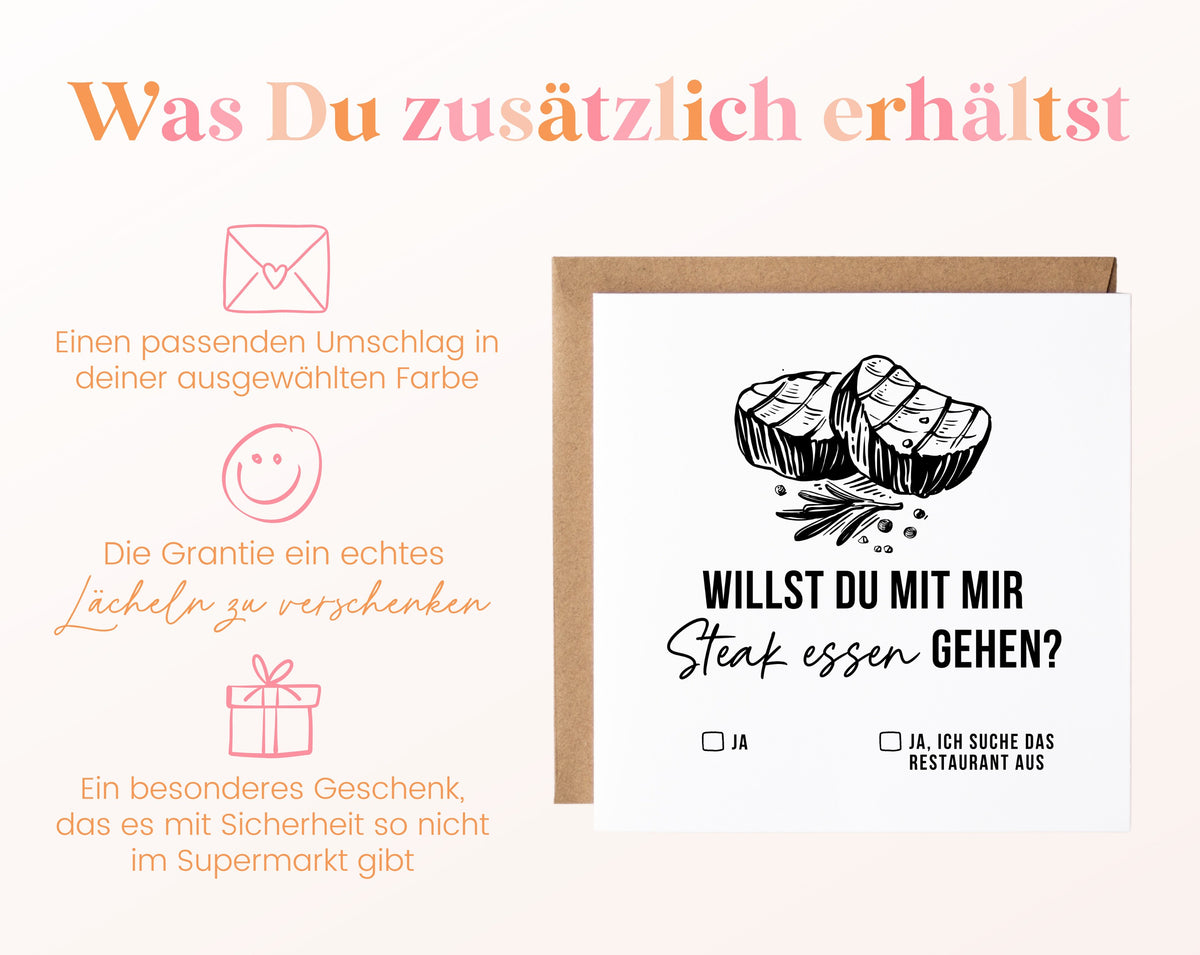Gutscheinkarte „Steak essen“ inklusive Umschlag in der gewählten Farbe