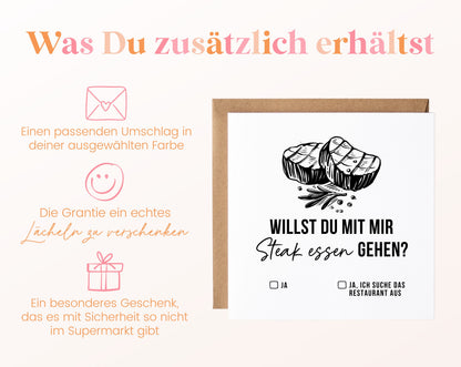 Gutscheinkarte „Steak essen“ inklusive Umschlag in der gewählten Farbe