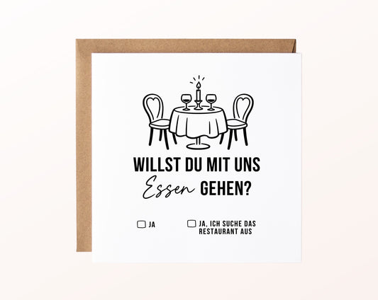 Gutscheinkarte „Mit uns essen gehen“ mit gedecktem Tisch und Kraftpapierumschlag